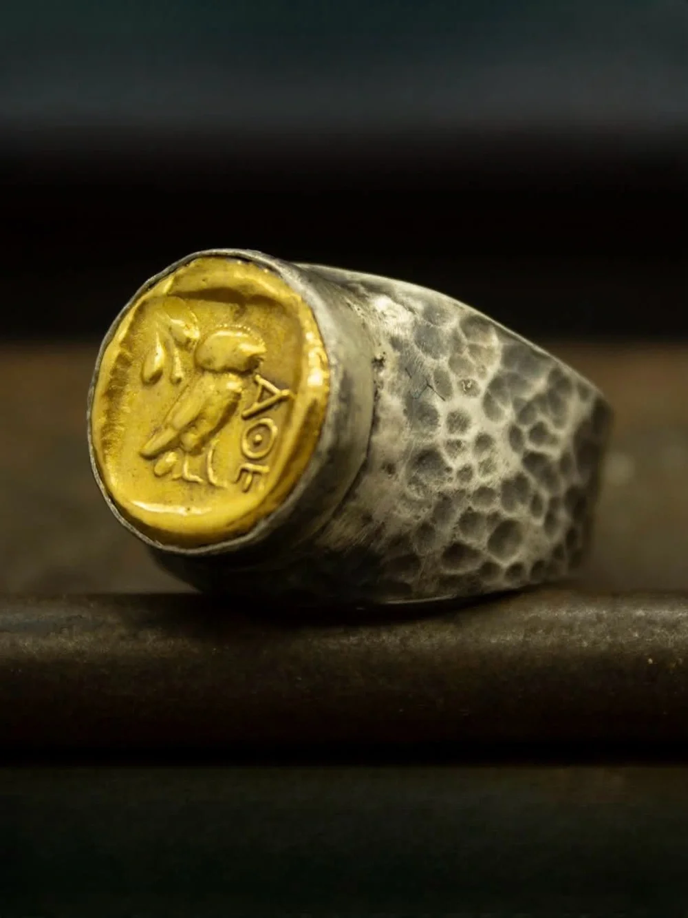 VINTAGE • Sterling Silver Hammered Signet Ring Owl AOE of the Athenian
